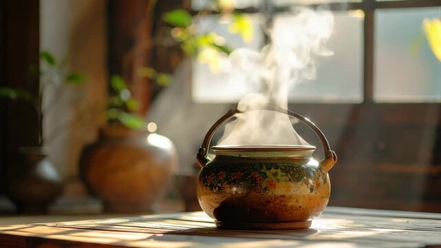 Traditional Steaming Pot on Wooden Table in Warm Sunlight