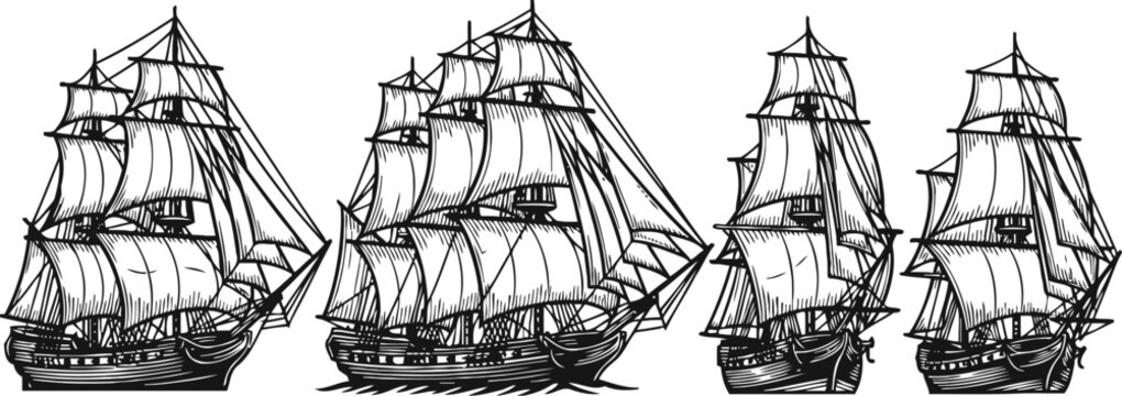Set of four vintage sailing ships with full sails classic wooden tall ship illustrations in black and white
