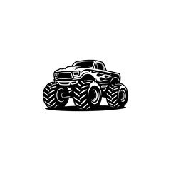 A powerful black and white vector illustration of a monster truck with massive tires and flame decals. Dynamic off-road vehicle design isolated on a white background. © Kotliar Ivan