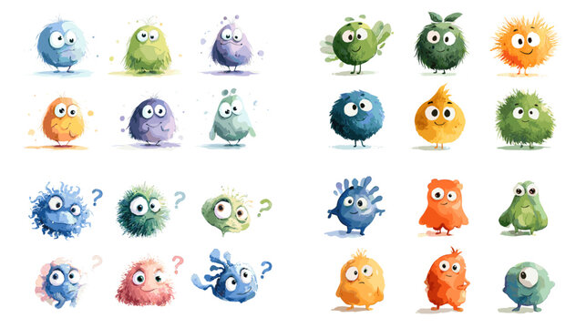 Adorable blob monster and germ characters in various colors and shapes. Funny cartoon microbes with big eyes ideal for kids design games education and friendly science illustrations.