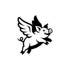 A whimsical black and white vector illustration of a happy pig with wings in flight. Featuring a clean, minimalist mascot design with bold lines on a white background.