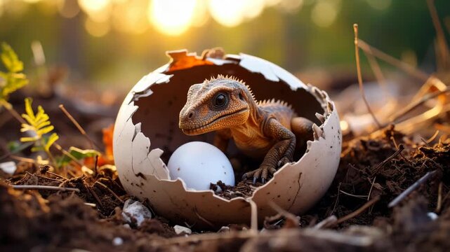Baby dinosaur emerges from cracked egg in sunlit forest ground