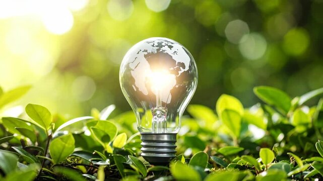 Light bulb with globe inside on green leaves, illuminated by sunlight, symbolizing eco-friendly energy.