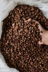 Close up of coffee beans on hand for background