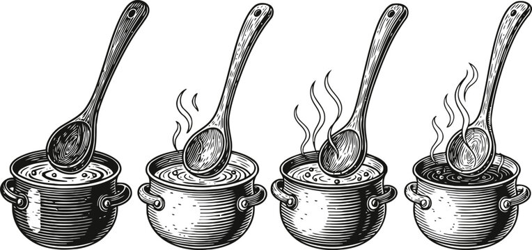 four vintage cooking pots with steaming soup and wooden ladles, hand drawn kitchen utensils