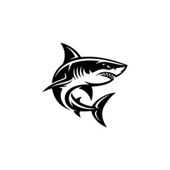 Fototapeta premium A powerful black and white vector illustration of an aggressive shark with sharp teeth and dynamic fins. A clean, high-contrast marine predator mascot on a white background.