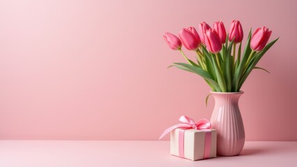 Obraz premium beautiful pink tulips arranged with craft gift on colored background festive spring still life scene with romantic mood concept of floristry gifting events business