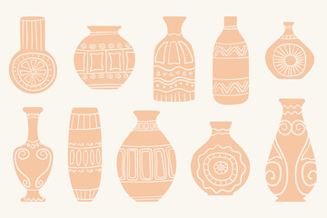 Set of cute hand drawn ceramic vases with simple abstract and floral patterns in soft pastel peach tones. Minimal flat spring illustration perfect for posters, home decor, greeting cards and design pr