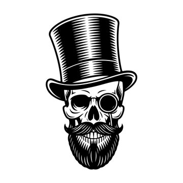 A sophisticated black and white vector illustration of a human skull featuring a top hat, a monocle, and a groomed beard. A stylish vintage gentleman emblem.