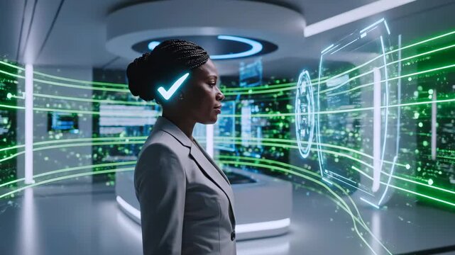 Black woman analyst uses AR visor to monitor holographic network flows and security nodes in hightech control room, green data streams, compliance checks and proactive threat detection,