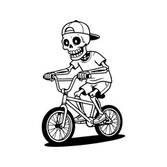 Fototapeta premium A playful black and white vector illustration of a cartoon skeleton wearing a cap and t-shirt while riding a BMX bicycle. Clean minimalist line art on a white background.