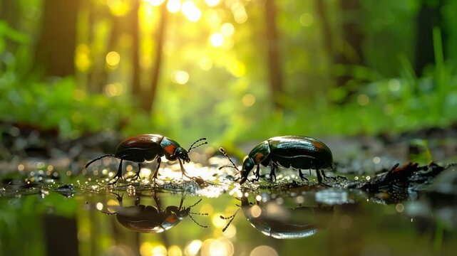 Two beetles reflecting in a forest puddle under warm golden sunlight