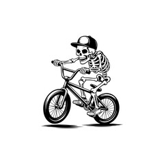 Obraz premium A playful black and white vector illustration of a cartoon skeleton wearing a cap and t-shirt while riding a BMX bicycle. Clean minimalist line art on a white background.
