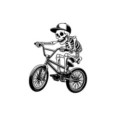 Obraz premium A playful black and white vector illustration of a cartoon skeleton wearing a cap and t-shirt while riding a BMX bicycle. Clean minimalist line art on a white background.