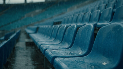 Obraz premium Empty Stadium Seats in Moody Blue Tone After Rain Creating Dramatic Atmosphere of Silence Anticipation and Solitude