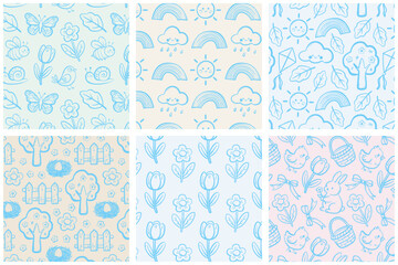Collection of six seamless spring patterns in whimsical hand drawn vector style featuring rabbits, flowers, birds, bees, rainbows, sun and garden elements in pastel colors.