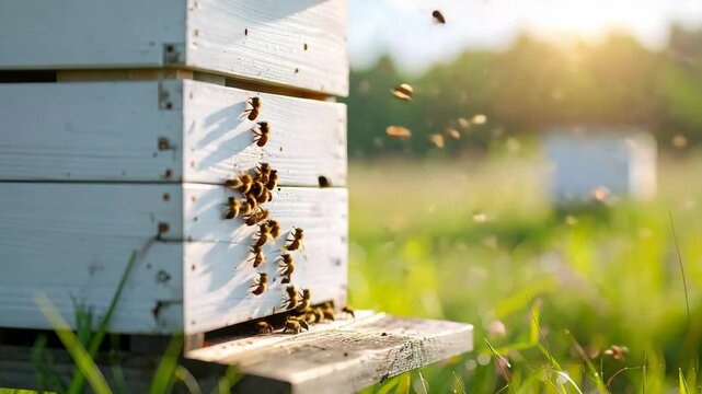 Busy bees flying around a white wooden beehive in sunlit field