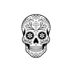 Obraz premium Intricate black and white vector illustration of a Mexican sugar skull decorated with floral patterns, leaves, and a cross. Traditional Day of the Dead graphic art.