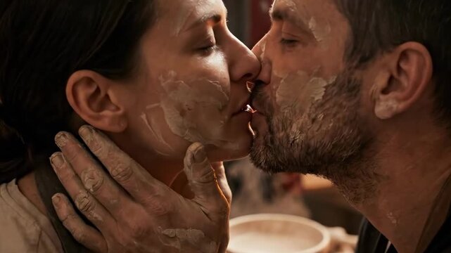 man and woman kiss - A couple shares a tender kiss in a pottery studio, their faces and hands covered in clay, surrounded by unfinished ceramics and warm ambient lighting