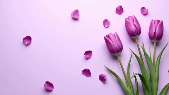 flying purple tulip flowers and petals on light purple background creative spring floral composition with open copy space nature layout greeting card scene for 8 march and valentines day 