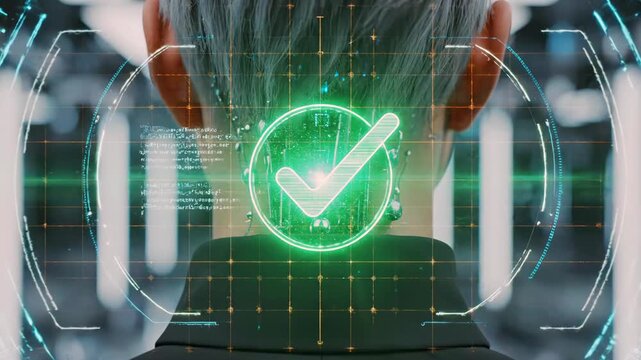 rear view technician with cybernetic neck implants in server room, holographic authentication checkmark and confirmed overlay, high tech racks, security scan interface and immersive data