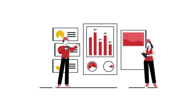 Business presentation animation with charts and graphs, data analysis and growth concept, financial report explanation, 2D cartoon