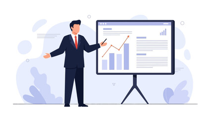 Businessman presenting financial growth chart on a digital display with infographic elements.