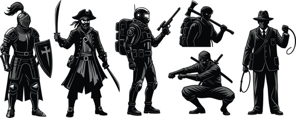 Silhouette illustration of armed women warriors wearing armor and helmets inspired by military and medieval fantasy themes