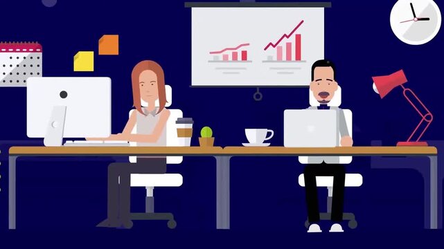 Modern office night work animation with employees working late, productivity and deadline pressure concept, corporate business scene, 2D cartoon