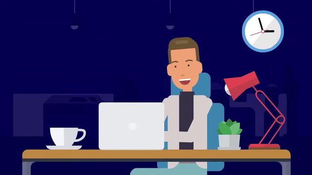 Man celebrating success while working late night animation, deadline achievement and motivation concept, freelance work lifestyle, 2D cartoon