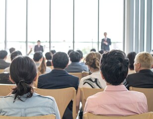 Audience seated in a light-filled auditorium, facing presenters