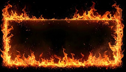 Fiery rectangular frame with flames against a stark black background