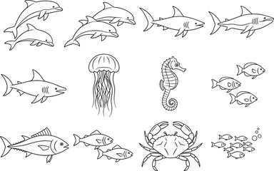 Sea animal line icons collection, dolphin shark jellyfish crab seahorse fish, minimal vector outline illustration set for marine design © SREE