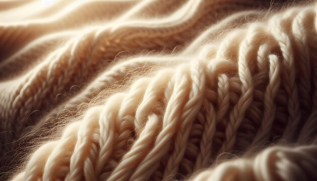 xtreme macro photography of a cream-colored cashmere blanket. Sharp focus on fine, soft, fluffy fibers and individual strands. Soft side natural lighting to accentuate the weave texture. Shallow depth