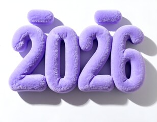 Furry purple "2026" on white. Brightly lit