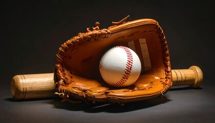 Baseball glove holding a ball with a bat behind. Low-key lit
