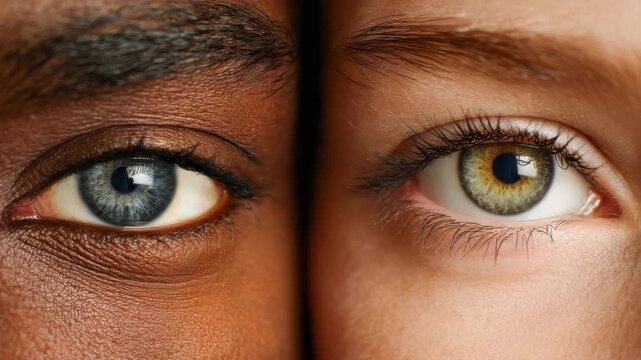 Interracial couple showing different eye colors, diversity and inclusion concept