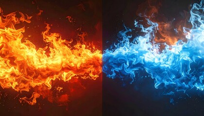 Fiery red and icy blue flames collide in a dramatic, digital artwork