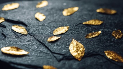 Gold leaf fragments scattered on a textured stone surface