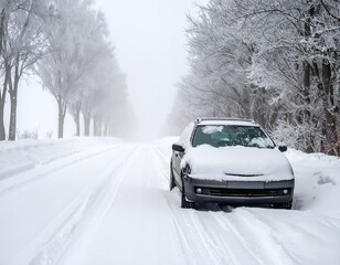 A snow-covered car on a winter road flanked by frosted trees
