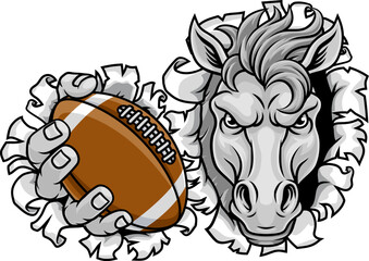 Obraz premium Horse mustang bronco stallion American football angry sports team mascot holding a ball.