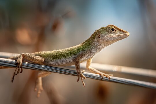 Close-up of a nimble lizard perched on a thin wire in sunlit nature