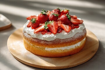 Close-up of a two-layer strawberry cake topped with whipped cream and ripe strawberries