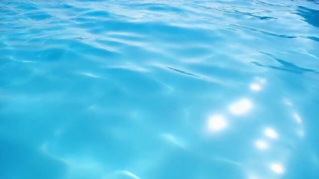 Close-up serene view of bright blue pool water surface with sunlit reflections and gentle ripples