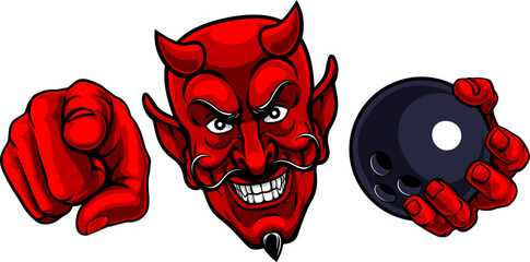 Obraz premium A devil man holding bowling ball and pointing sports team mascot illustration.