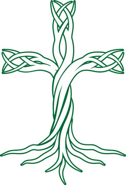 Illustration of a tree forming a Christian cross icon symbol. Represents Christian religious faith growth with strong roots.