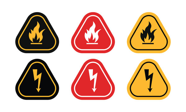 Flame Lightning Hazard Warning Triangles Black Red Yellow