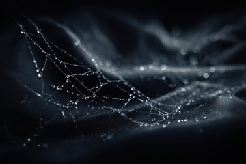 Close-up of dew-coated spider silk across a dark banner border, atmospheric and unnerving