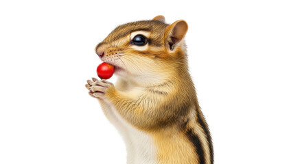 Obraz premium Adorable chipmunk eating a red berry PNG isolated on transparent background, cute rodent with striped fur holding fruit in paws