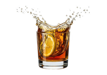 A splashing glass of whiskey with a lemon slice captured mid pour on transparent background